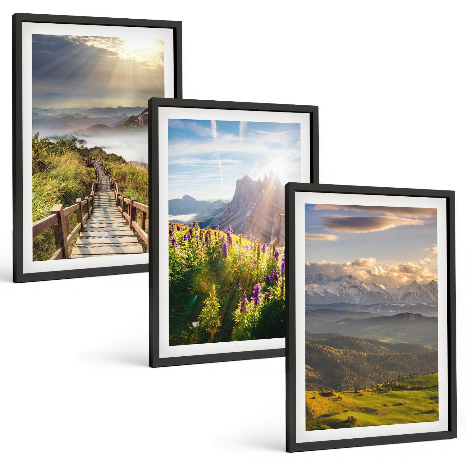 BILDER SET 3er Set - 40x60 cm Schwarzer Rahmen - Berglandschaft mit Blumen - Schwarz, Kunststoff (40/60cm) - TULUP