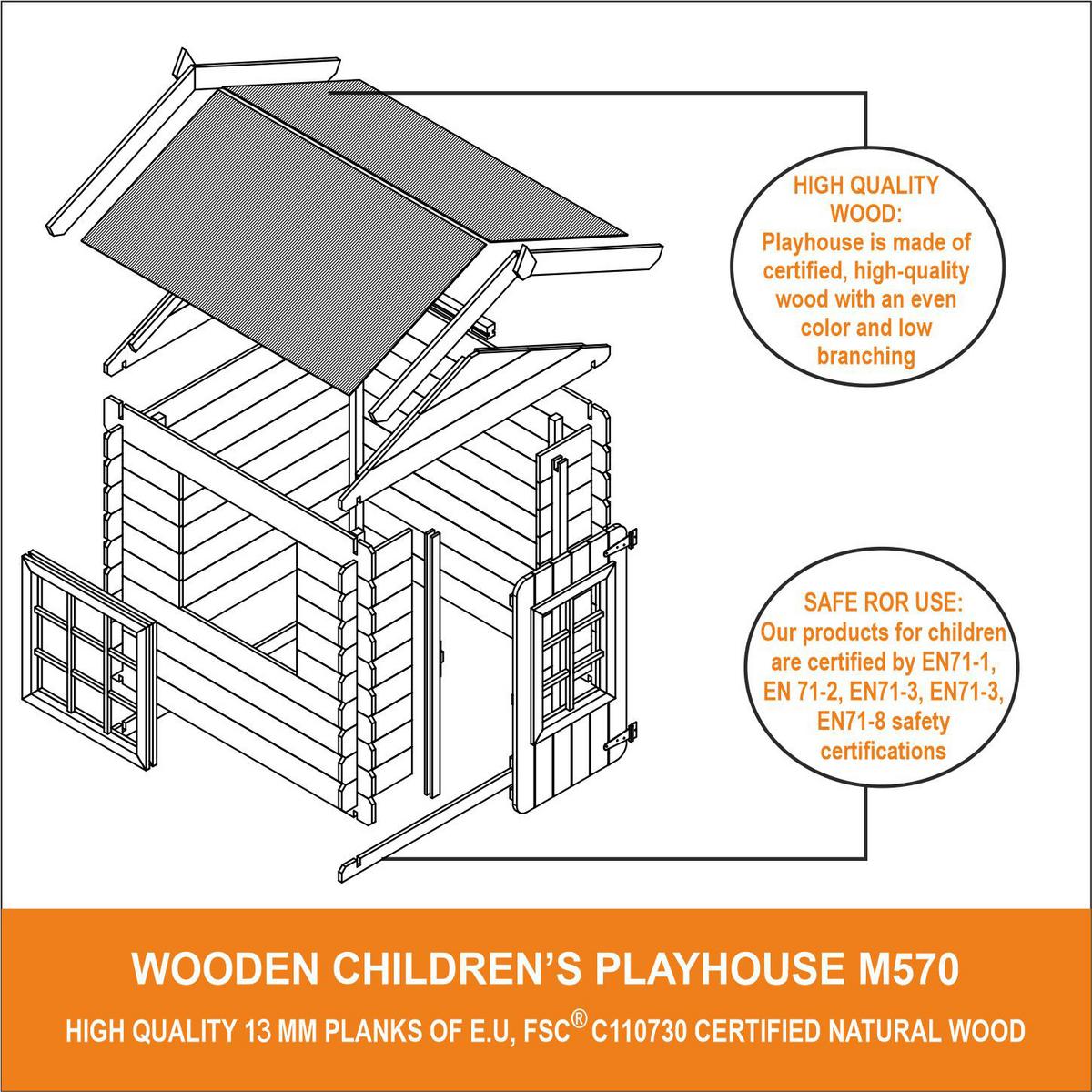 KINDERSPIELHAUS aus Holz - 111x113xH121 cm/0.9 m2 - M570M-1 - Beige, Holz (114/121/111cm) - Timbela