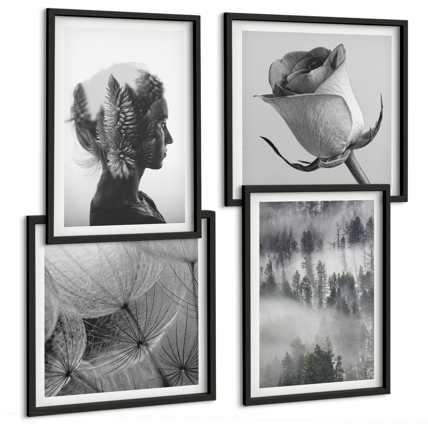 BILDER SET 4er Set - 50x50 cm & 40x60 cm Schwarzer Rahmen - Waldnebelporträt einer Frau - Schwarz, Kunststoff (50/50cm) - TULUP