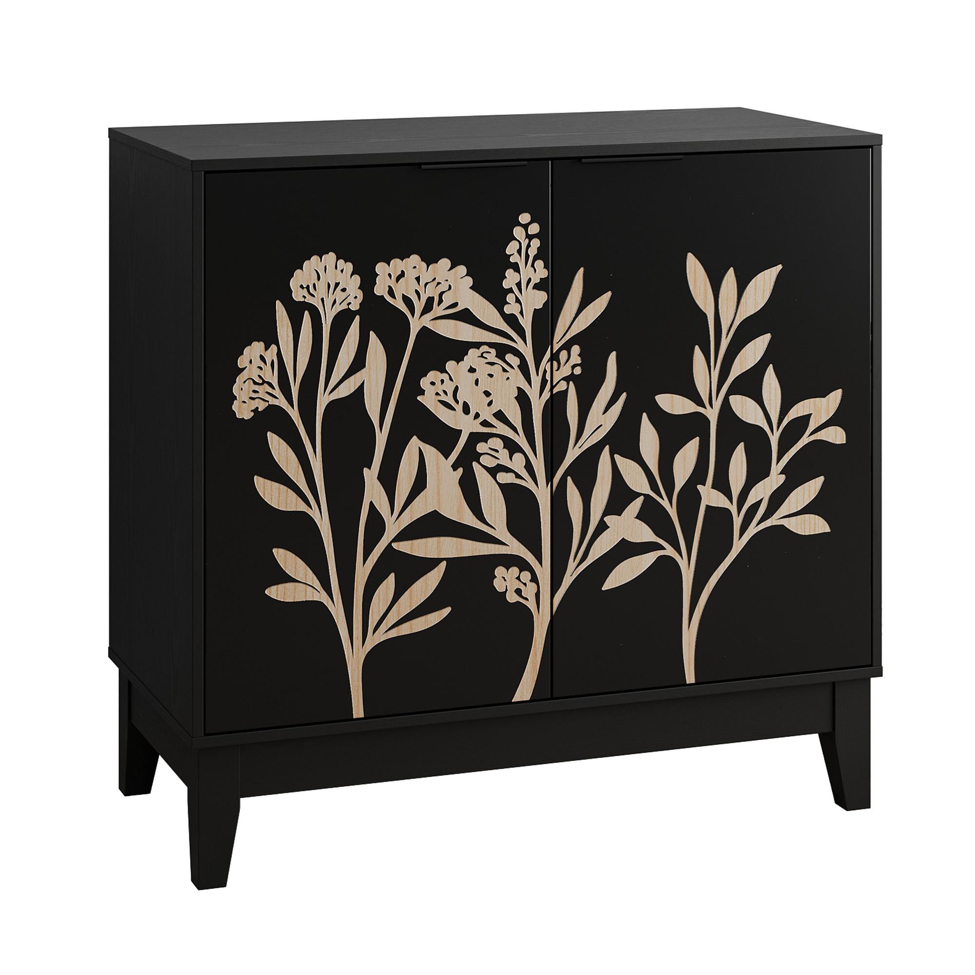 SIDEBOARD 80 cm Schwarz MDF mit 2 Türen, geschnitzter Front und verstellbaren Regalen - Schwarz, Holzwerkstoff (80/76/38cm) - Urban Meuble