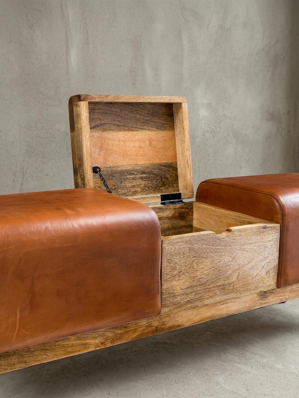 SITZBANK – Echtleder/Holz, 120 cm, Retro-Stil, mit Stauraum - Braun, Leder/Holz (120/53/29cm) - KADIMA DESIGN