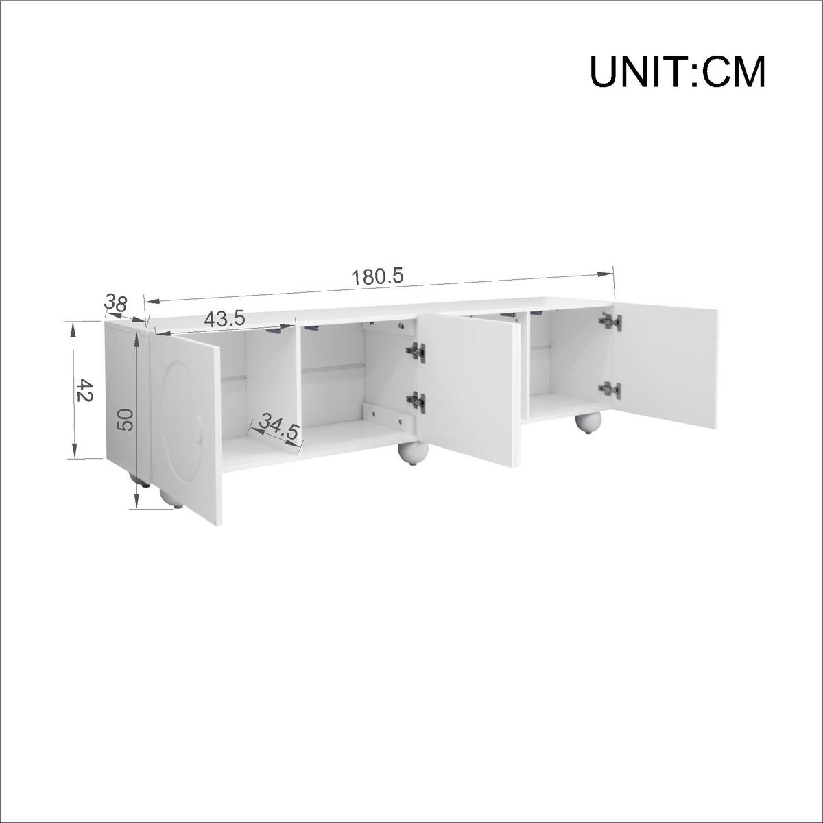 TV-LOWBOARD Weiß 180,5cm mit 3D-Rundrelief 4 Türen & Kugelfüßen - Weiß, Holzwerkstoff (180.5/50/38cm) - Urban Meuble