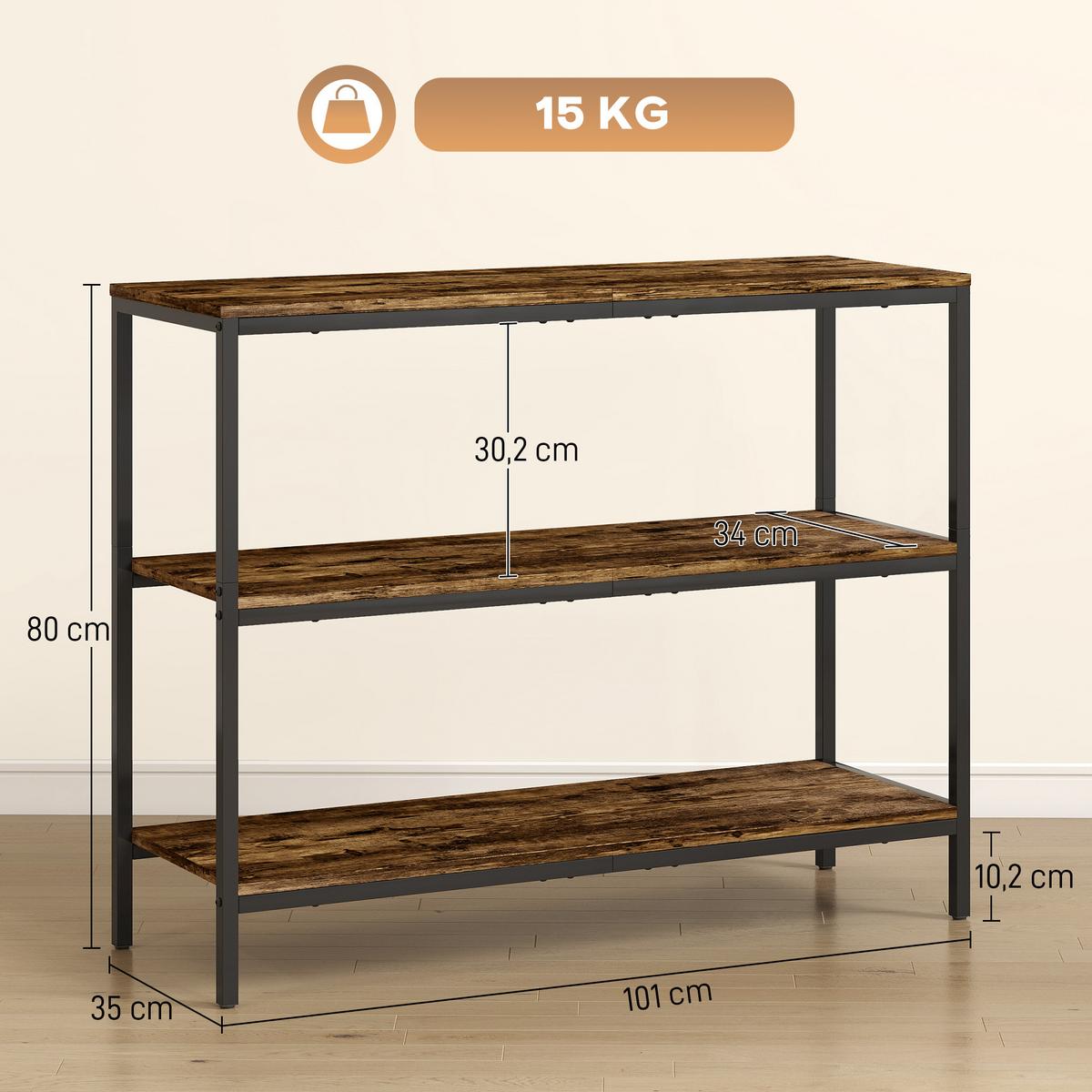 KONSOLENTISCH Spanplatte Metall Rustikal-Braun - Schwarz/Braun, Holzwerkstoff/Metall (101/35/80cm) - HOMCOM