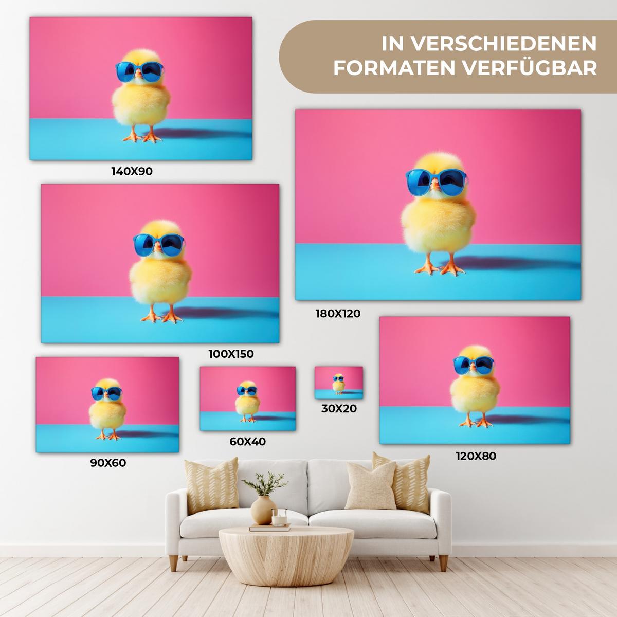 LEINWANDBILD Chick - Sonnenbrille - Blau Gemälde 60x40 cm - Pink/Gelb, Textil (60/40cm) - MuchoWow