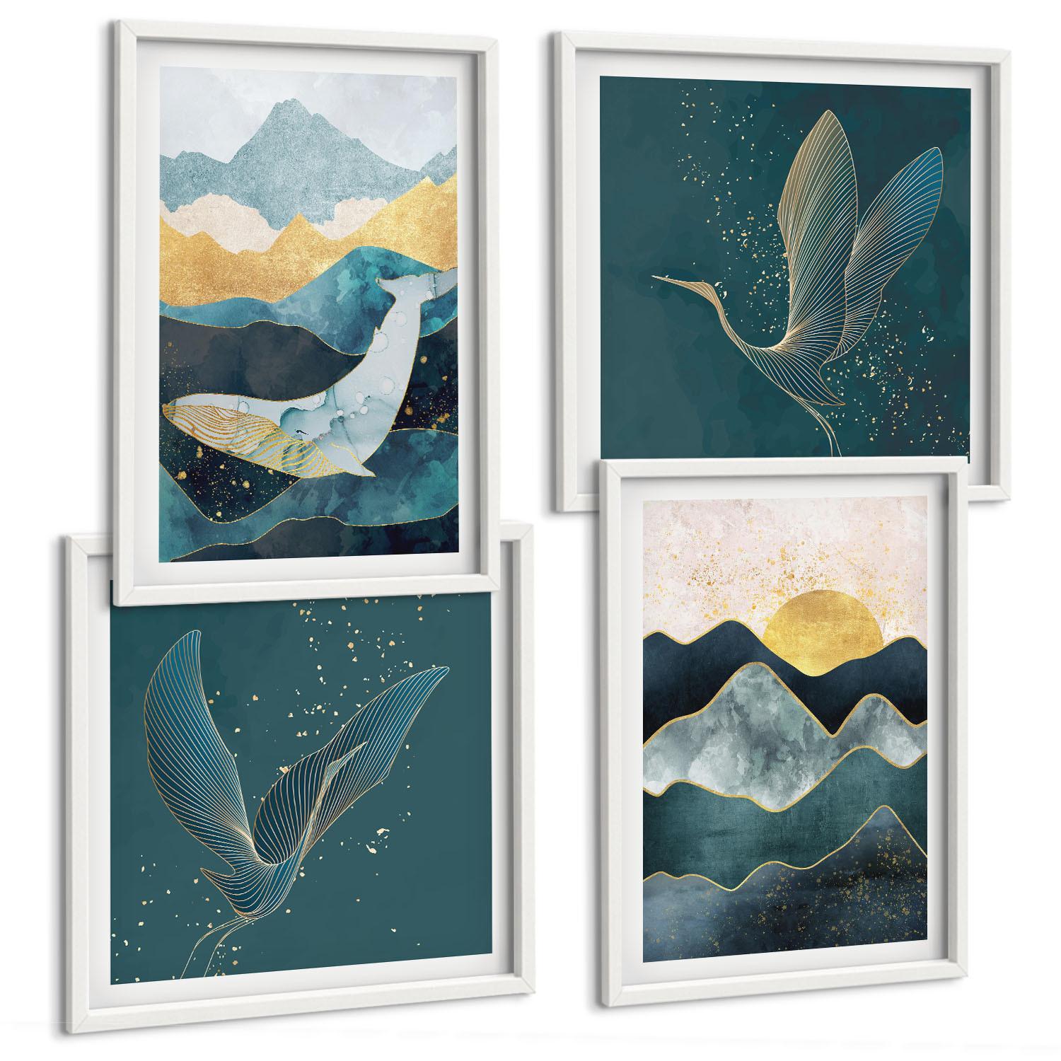 BILDER SET 4er Set - 50x50 cm & 40x60 cm Weißer Rahmen - Abstrakte Kranichberge - Weiß, Kunststoff (50/50cm) - TULUP