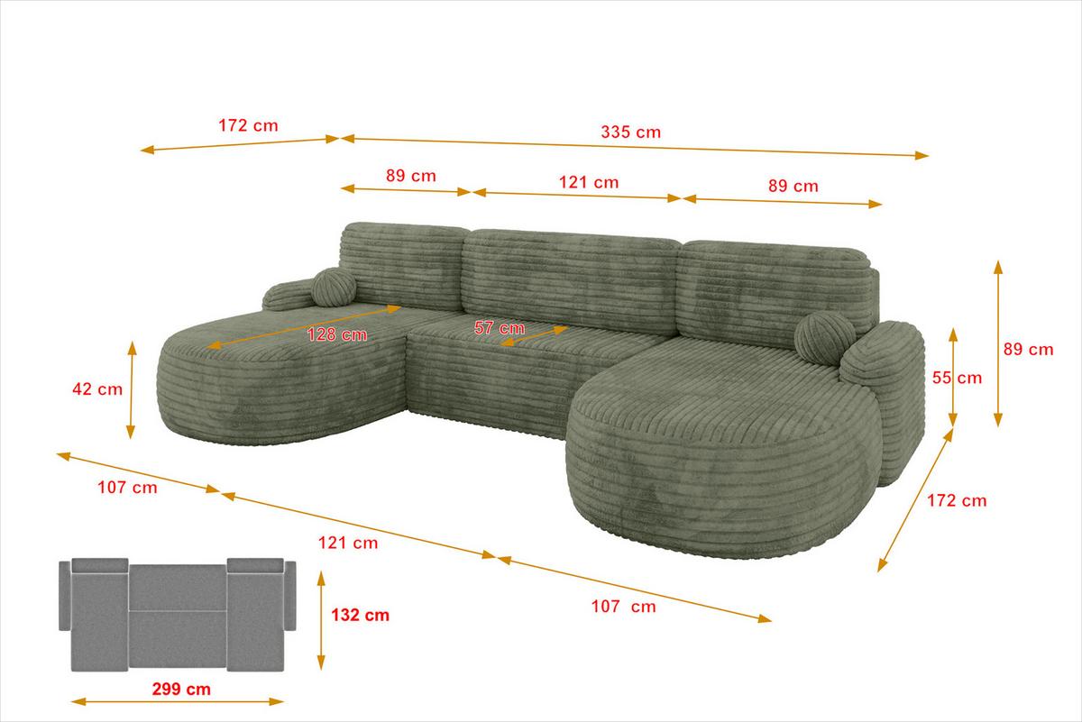 WOHNLANDSCHAFT mit Schlaffunktion und Bettkasten LIRA-U - 335x172x89 Olive - Olivgrün, Holzwerkstoff/Textil (335/89/172cm) - ALTDECOR
