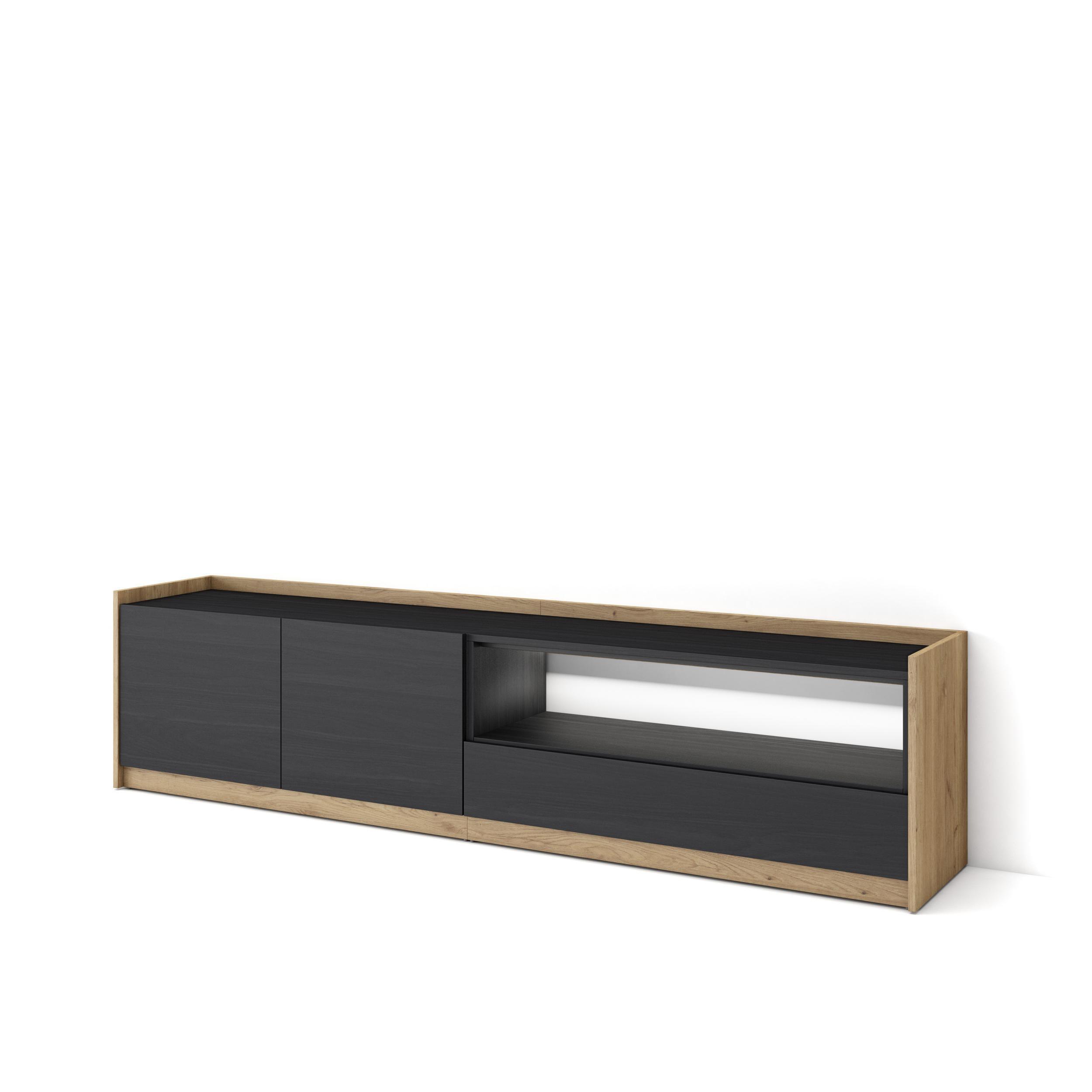 LOWBOARD, Schwarz und Eiche, 207/37/50cm, mit Led - Schwarz, Holzwerkstoff (207/50/37cm) - Skraut Home