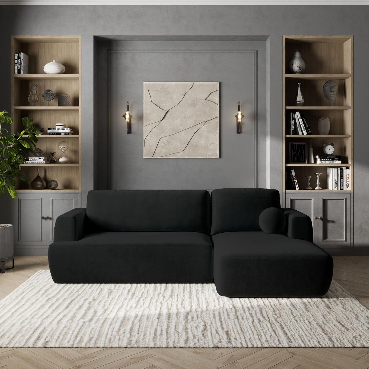 ECKSOFA SENTI K R-S Schwarz Plüsch-Stoff mit Schlaffunktion - Schwarz, Holz/Kunststoff (246/148cm) - MASSENO