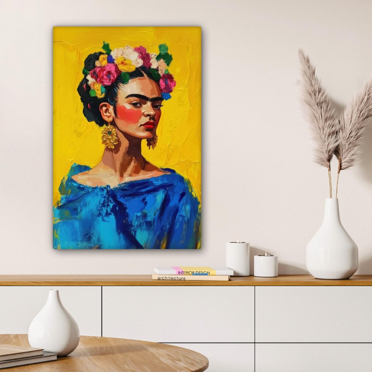 LEINWANDBILD Frida Kahlo - Frau - Gelb - Blau - Blumen Wanddeko 40x60 cm - Gelb, Textil (40/60cm) - MuchoWow