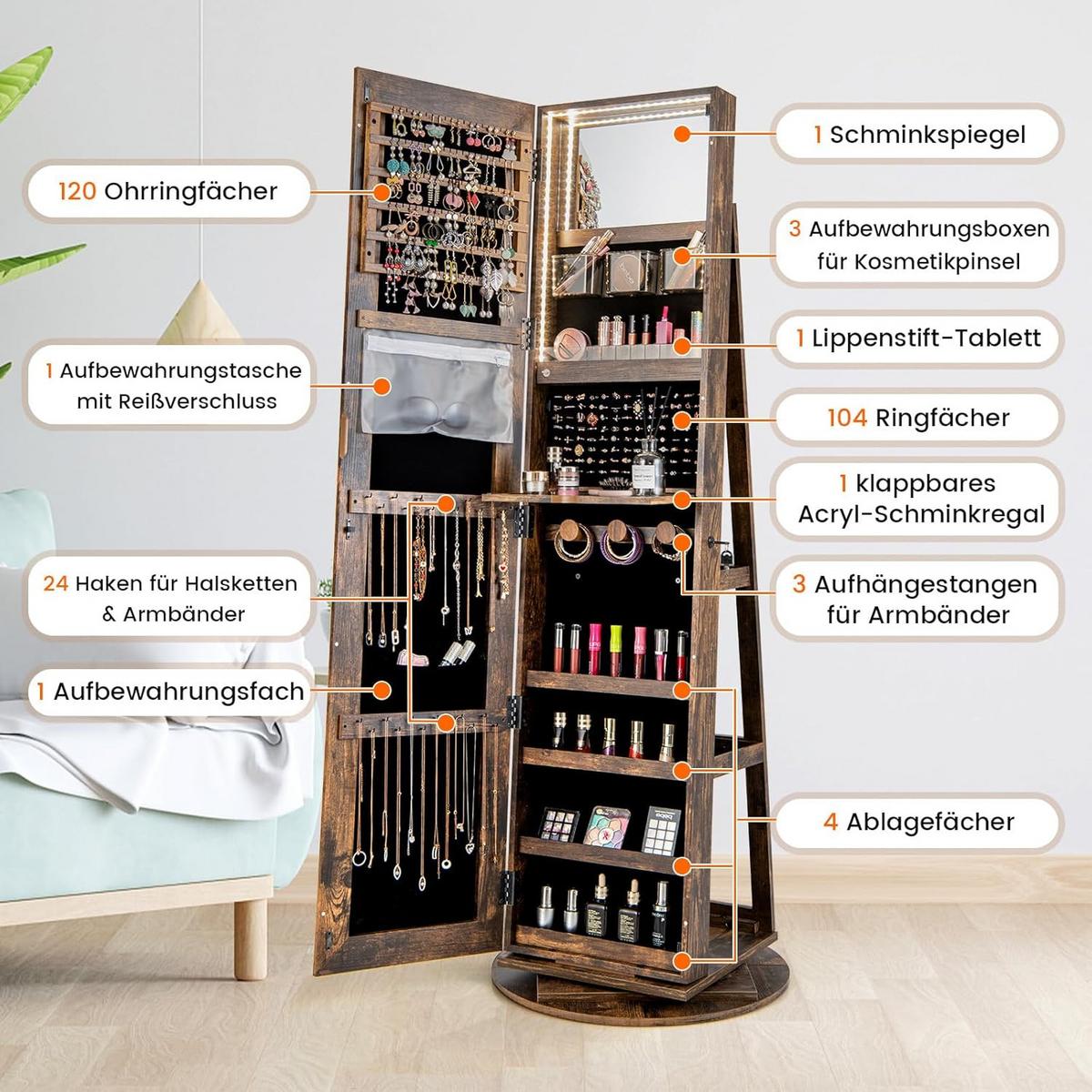 SCHMUCKSCHRANK Vintage Eiche Dekor - Alteiche, Holz (55/161/55cm) - COSTWAY
