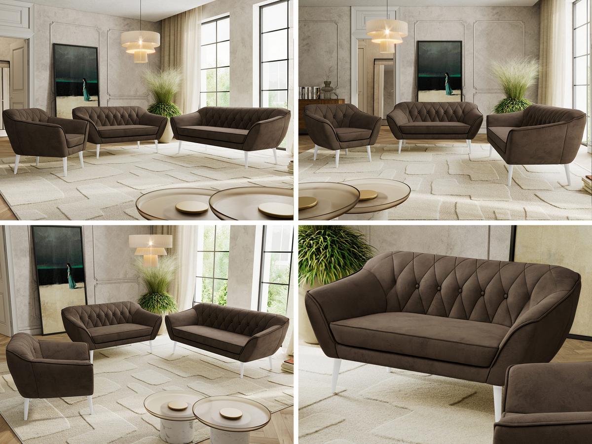 SITZGARNITUR PIRS 3+2+1 - Braun Velvet - Weiße Beine - Dunkelbraun/Braun, Holzwerkstoff/Textil (180/75/74cm) - MKS