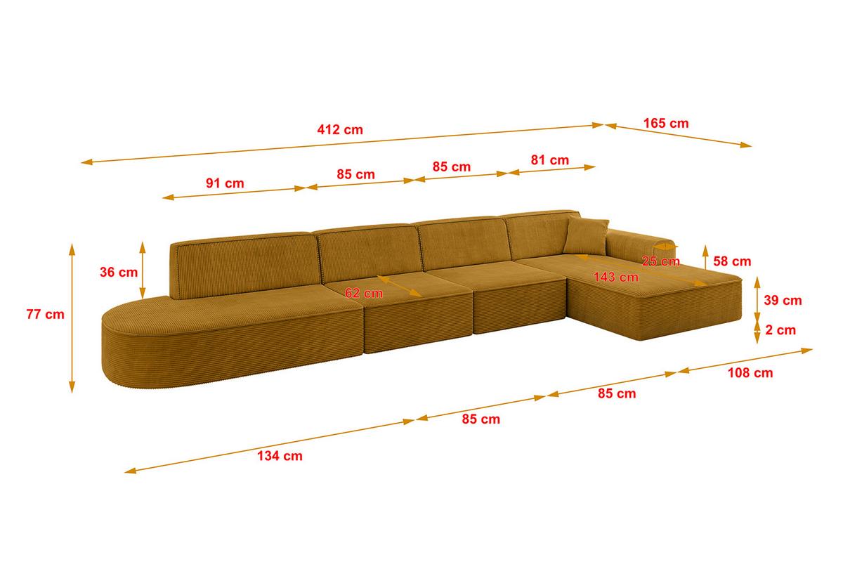 ECKSOFA Ottomane Rechts IREA-L3-v3 - 412x165x77 cm Senfgelb - Grün, Holzwerkstoff/Textil (412/165cm) - ALTDECOR