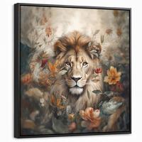 LEINWAND Bilder mit Rahmen - Löwe - Wildtiere - Pflanzen - Natur - Blumen - 50x50 - Beige, Textil (50/50cm) - MuchoWow