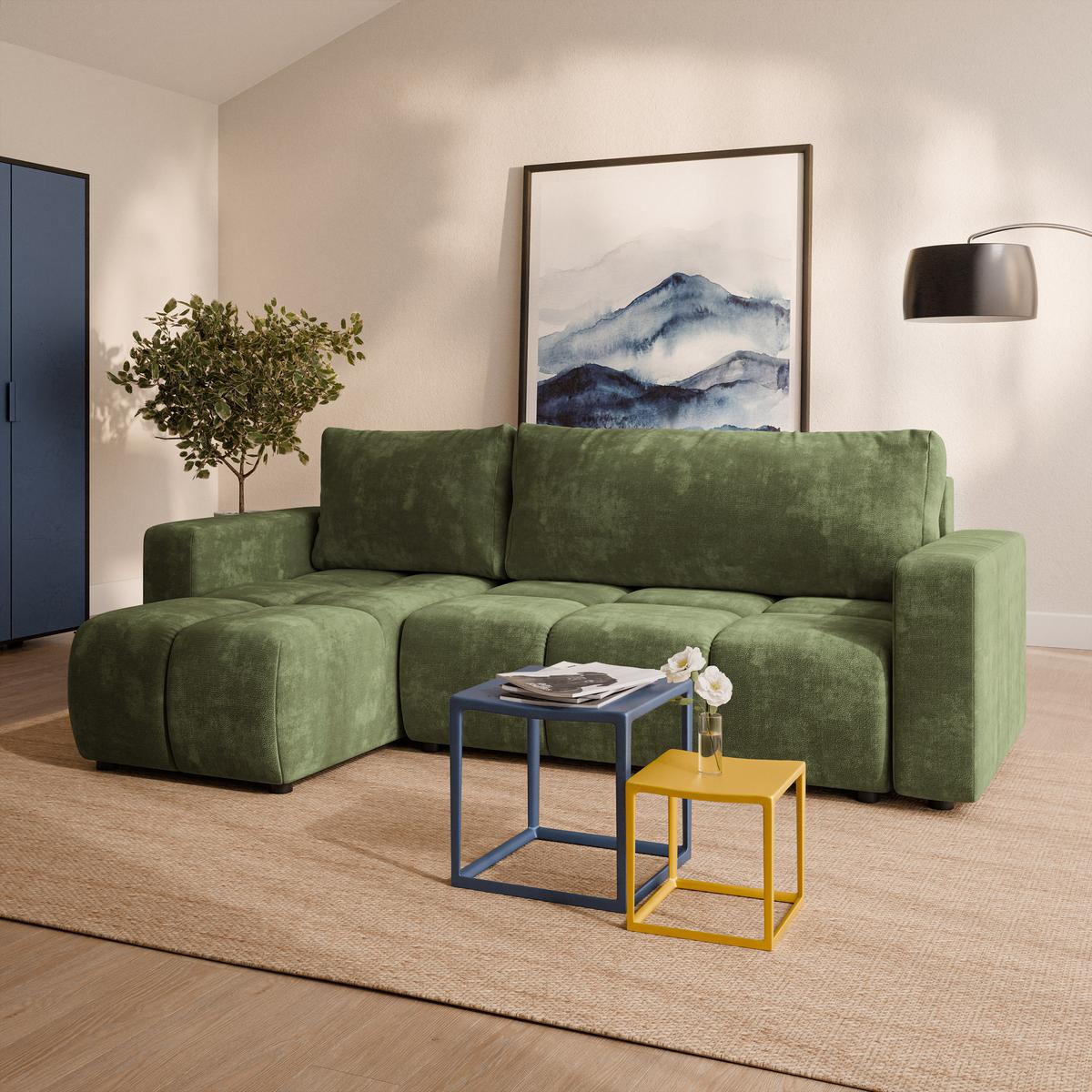 ECKSOFA RAMIL Grün Chenille mit Schlaffunktion - Grün, Holz (240/149cm) - MASSENO