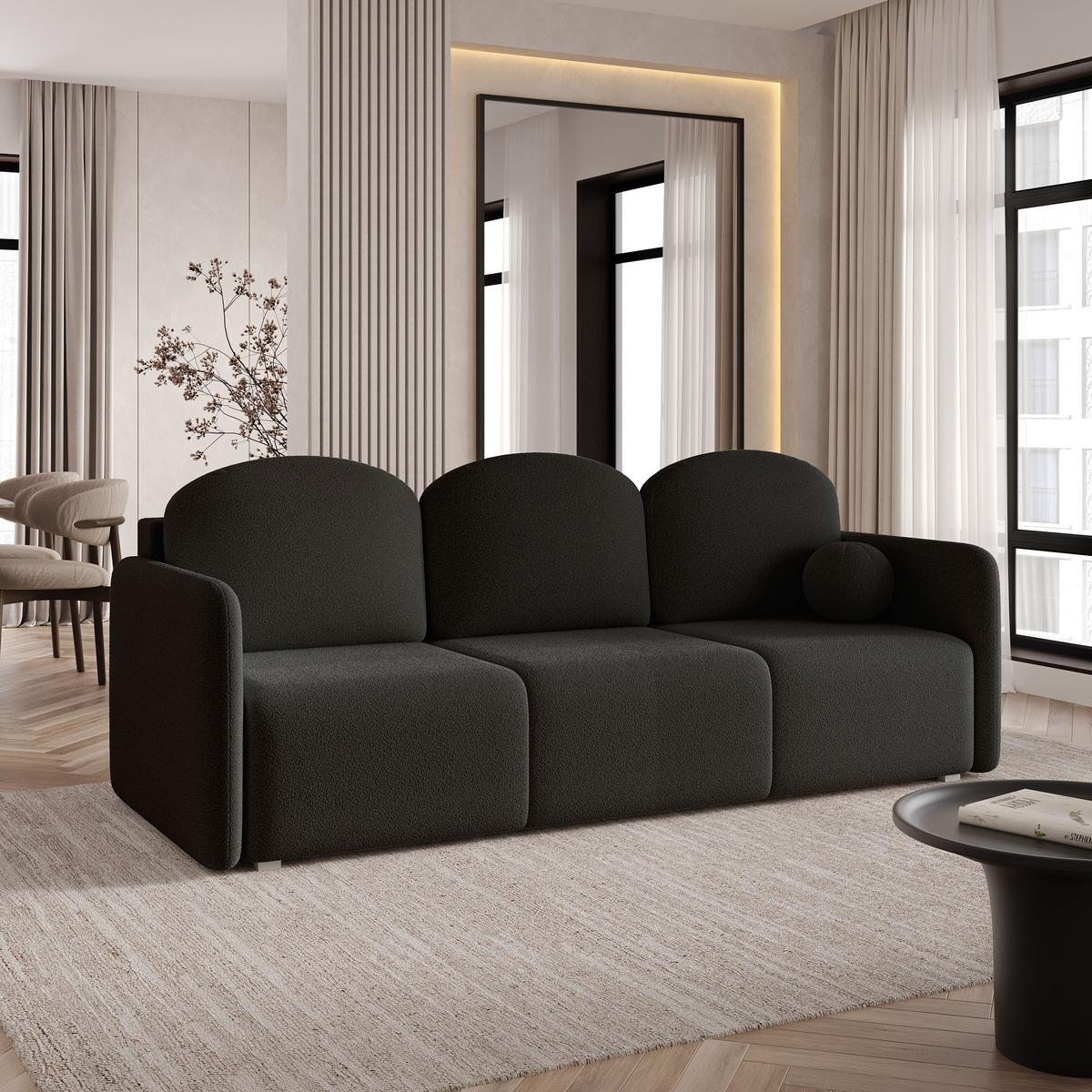 BETTSOFA SUVI III Q Schwarz Bucle-Stoff mit Schlaffunktion - Schwarz, Textil (220/85/90cm) - MASSENO