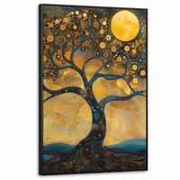LEINWAND Bilder mit Rahmen - Baum - Mond - Blumen - Gold - Kunst - 90x140 - Orange, Textil (90/140cm) - MuchoWow