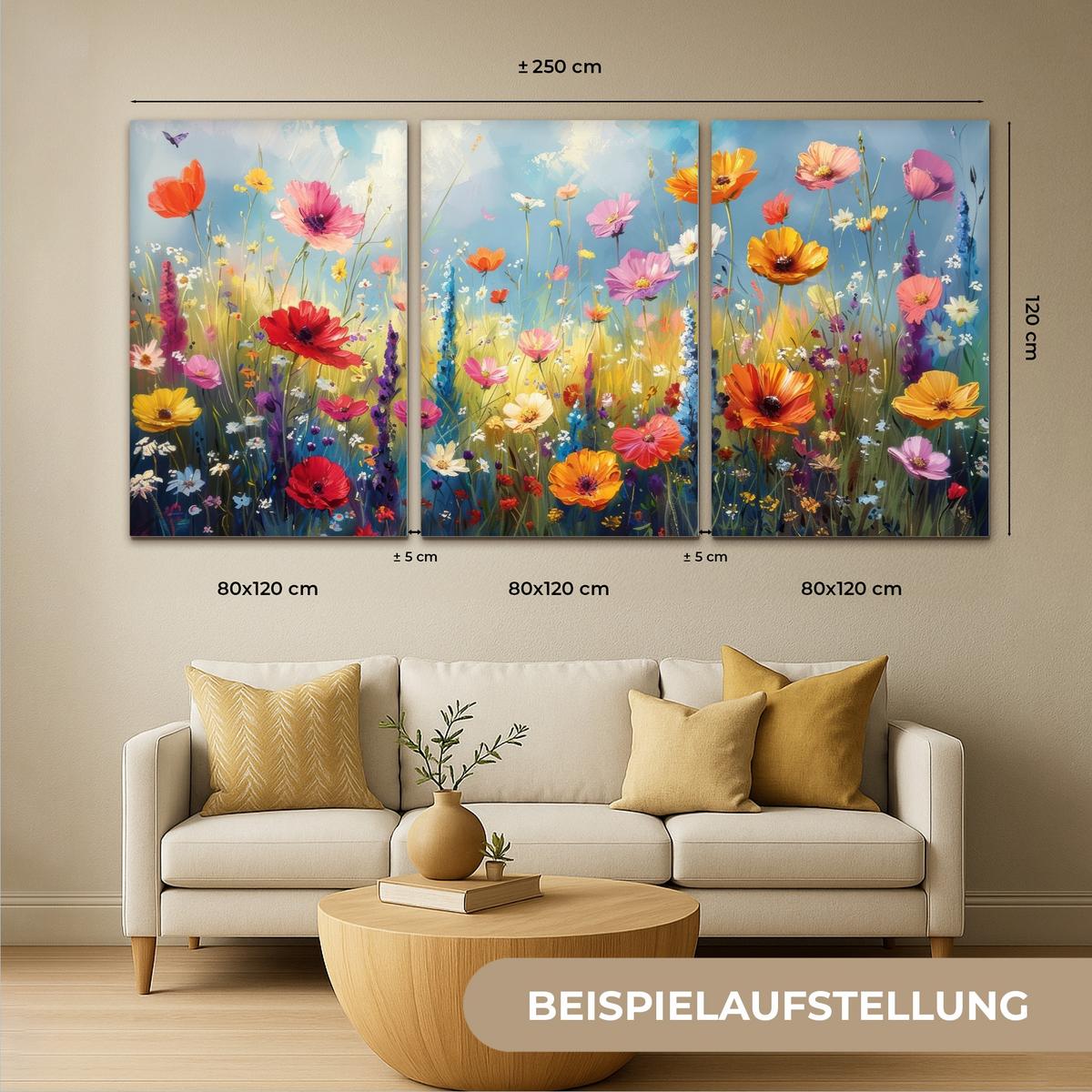 LEINWANDBILD 3er Set Blumen - Frühling - Farbenfroh - Sommerlich 240x120 cm - Orange, Textil (240/120cm) - MuchoWow