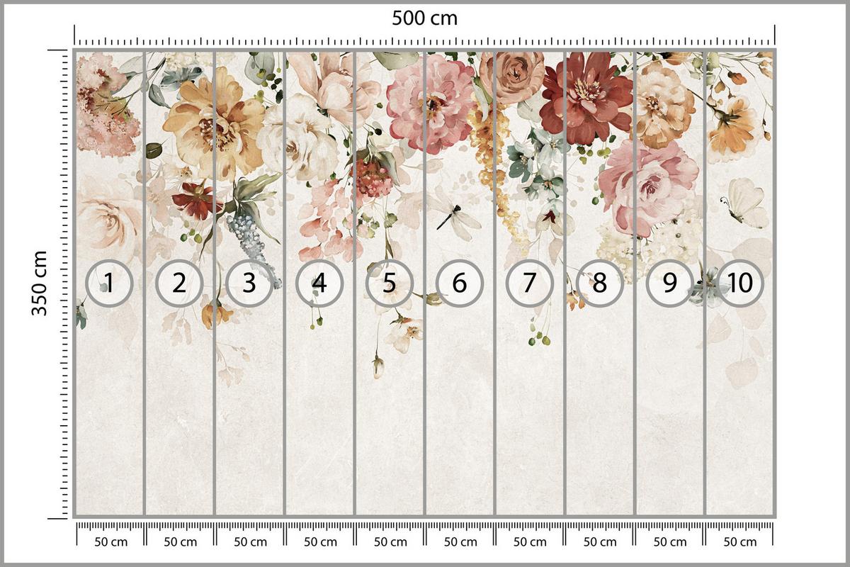 FOTOTAPETE für Esszimmer Aquarellblumen Blätter Pflanzen Pfingstrosen Rosen 500x350 - Multicolor, Papier (500/350cm) - Muralo