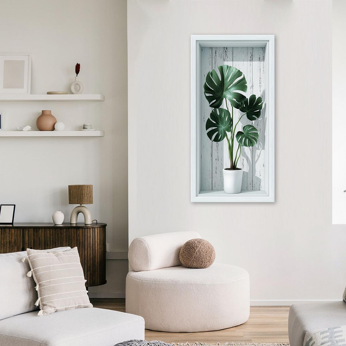 LEINWANDBILD Monstera-Blätter in einer 3D-Vertiefung 40x80cm - Weiß, Textil (40/80cm) - Feeby