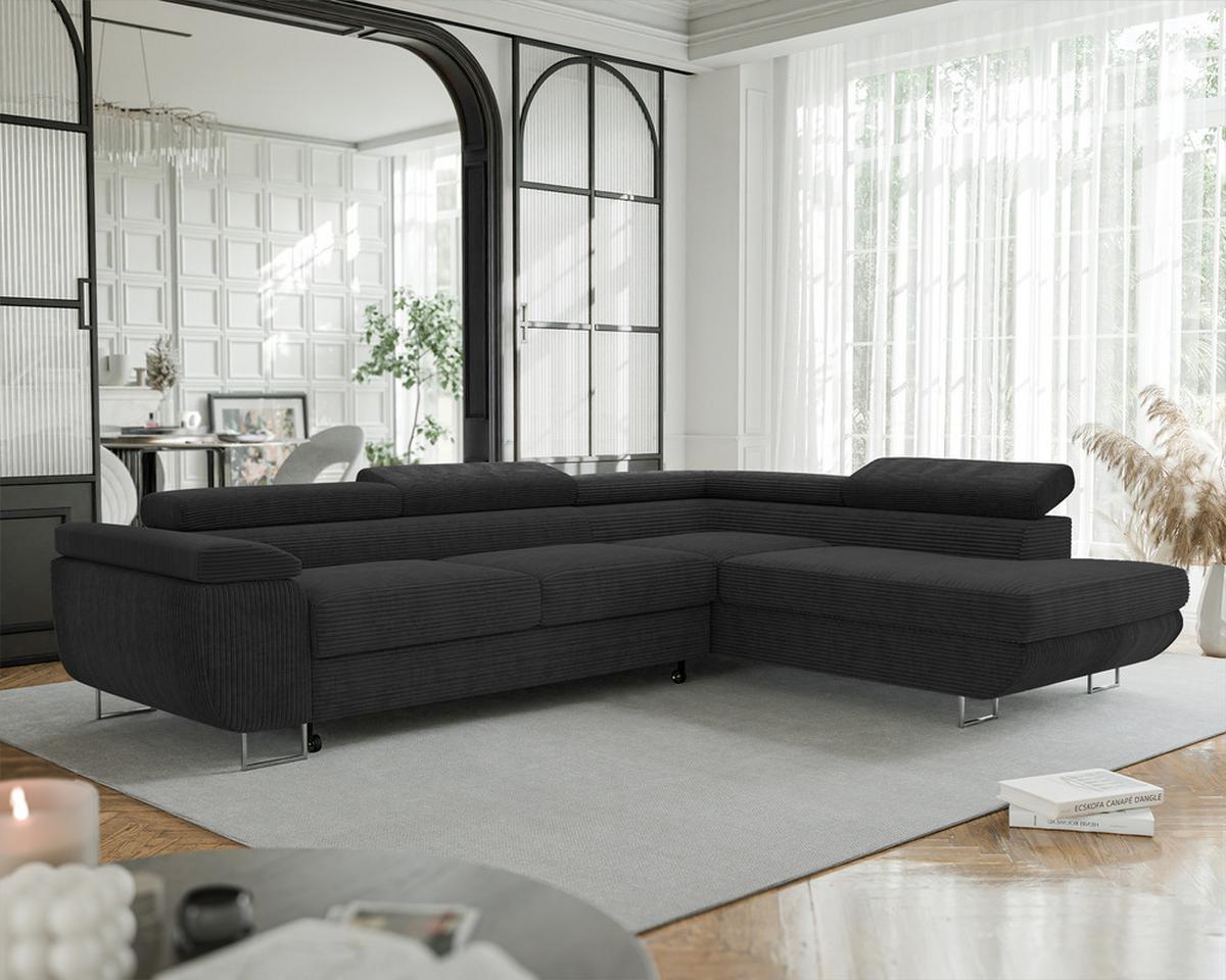 ECKSOFA ANTON rechts, mit Schlaffunktion und Bettkasten Anthrazit - Chromfarben/Anthrazit, Textil/Metall (274/203cm) - Idohome