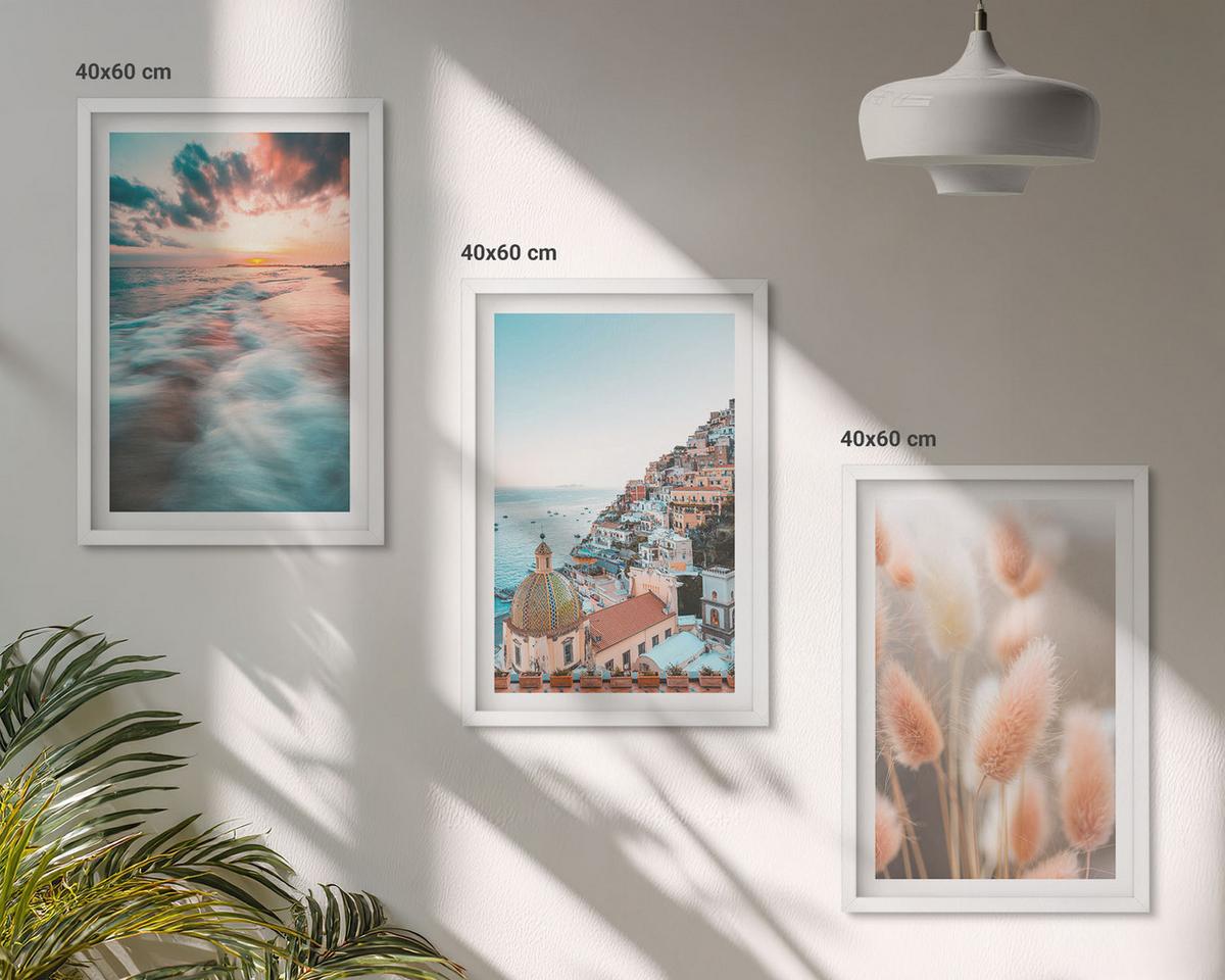 BILDER SET 3er Set - 40x60 cm Weißer Rahmen - Sonnenuntergang am Meer, Häuser, Blumen - Weiß, Kunststoff (40/60cm) - TULUP
