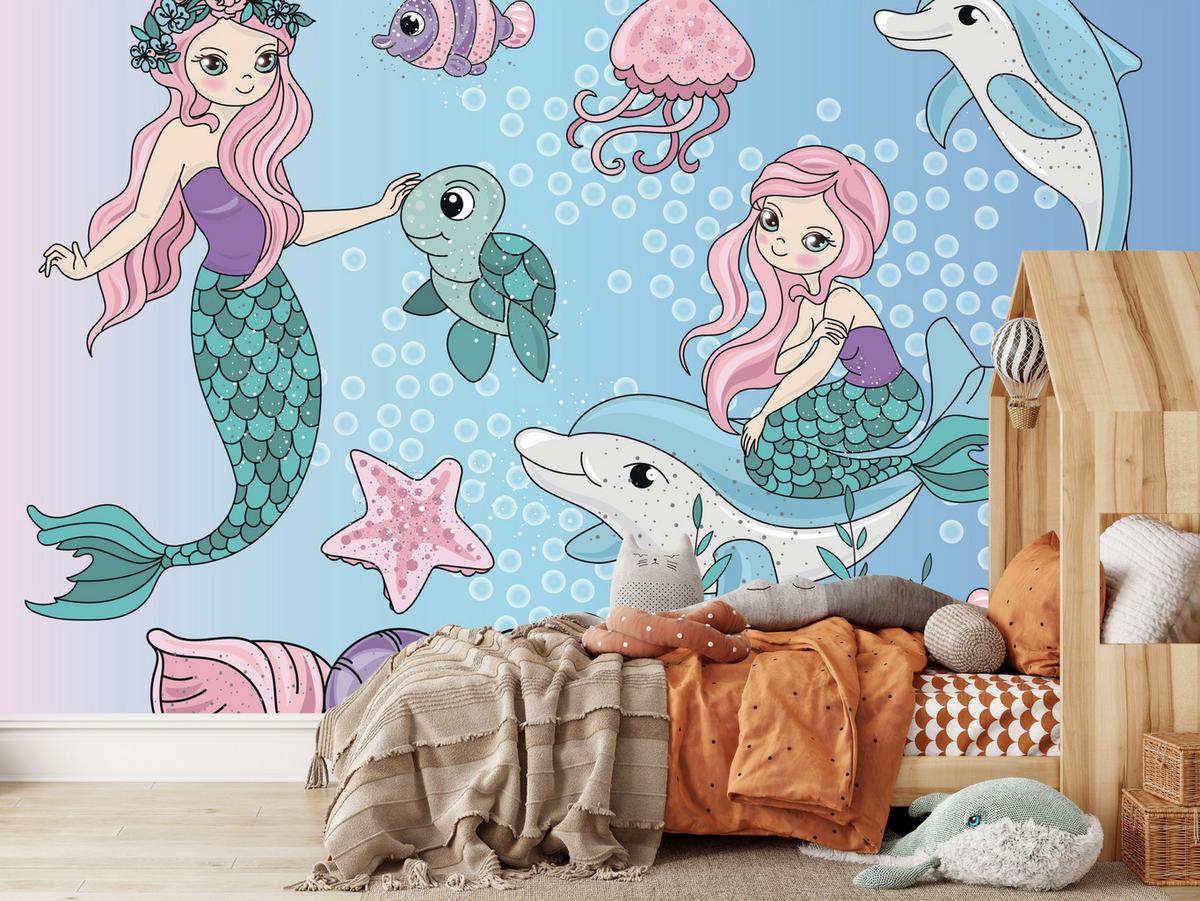 FOTOTAPETE für Kinderzimmer Meerjungfrauen Delfine Fische Muscheln Qualle Schildkröte 350x256 - Multicolor, Papier (350/256cm) - Muralo