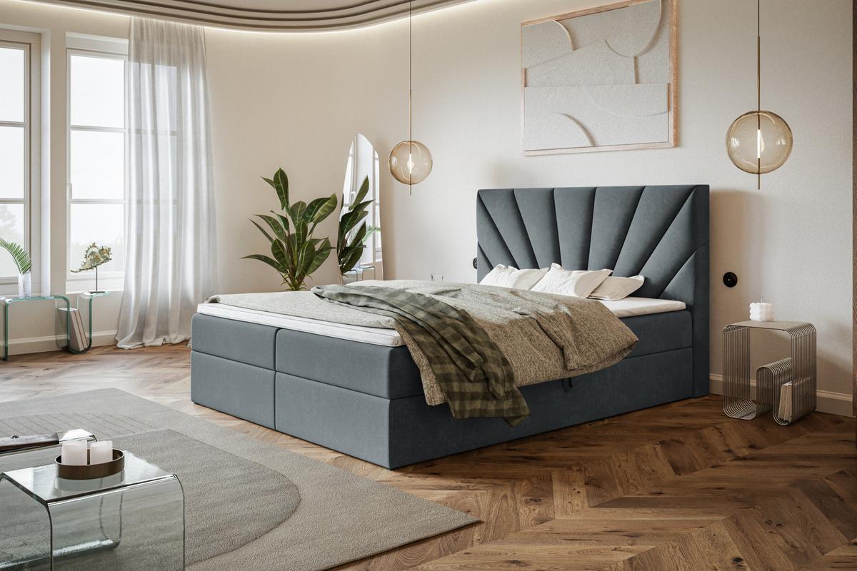 BOXBETT DENVER mit 2 Bettkästen, 180x200, Farbe: Dunkelgrau, Velourstoff, Doppelbett mit Bonell-Matratze - Dunkelgrau, Holz/Kunststoff (180/200cm) - Alpi-Möbel