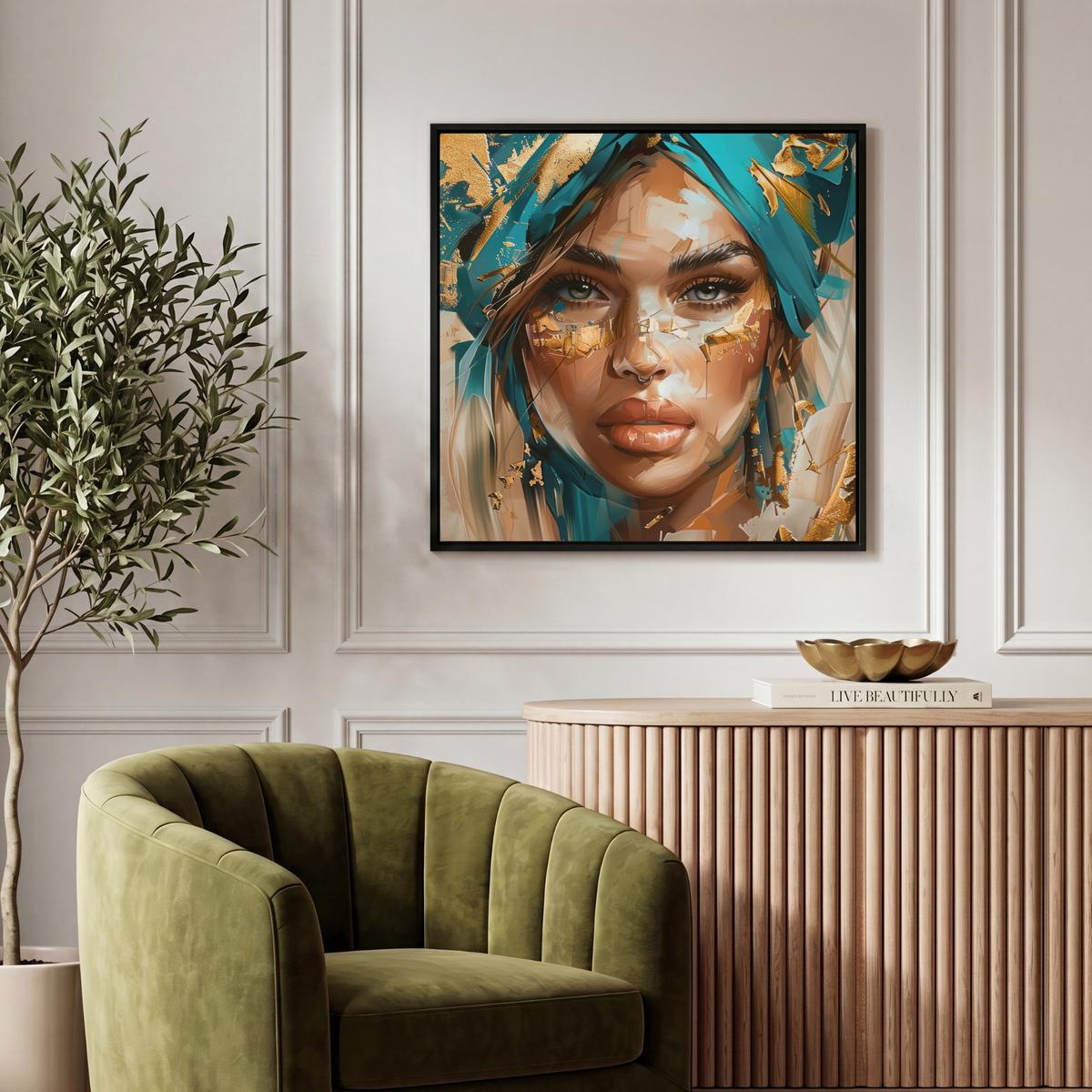 LEINWAND Bilder mit Rahmen - Frau - Porträt - Gold - Luxus - Blau - 50x50 - Türkis, Textil (50/50cm) - MuchoWow