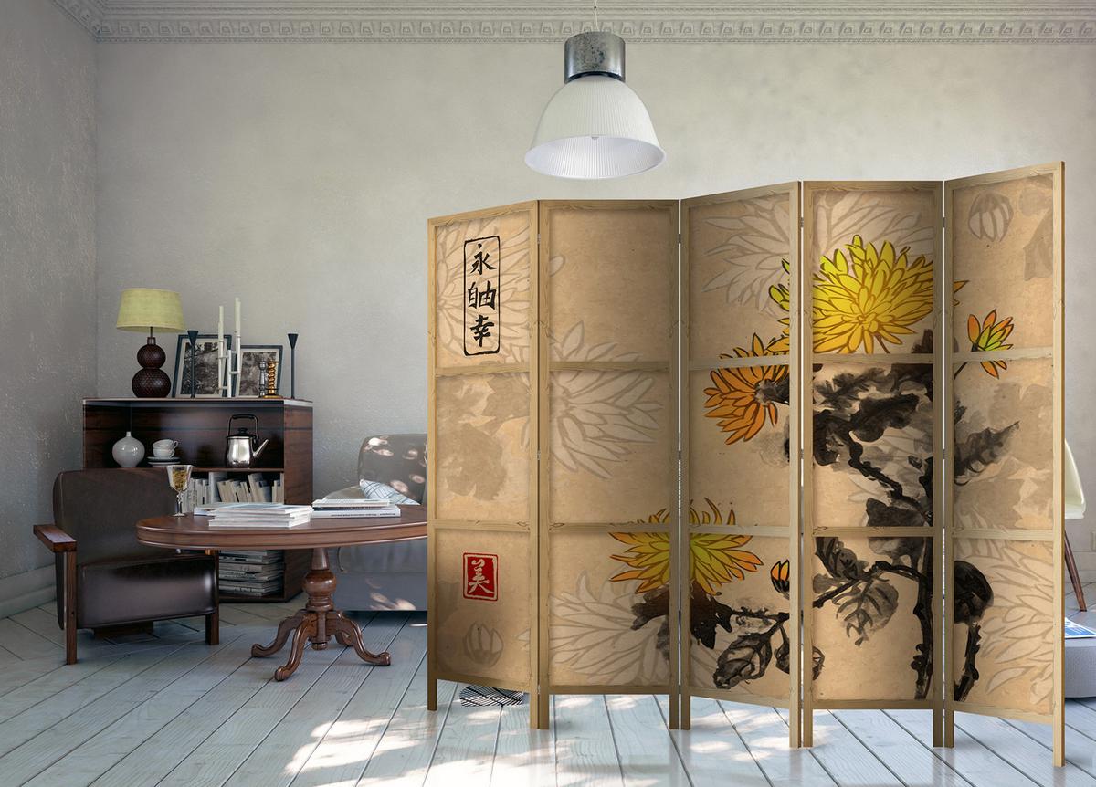 PARAVENT Japanischer 5-tlg 225x172 cm Aquarell Chrysanthemen - Multicolor, Holz/Textil (225/172/3cm) - Muralo
