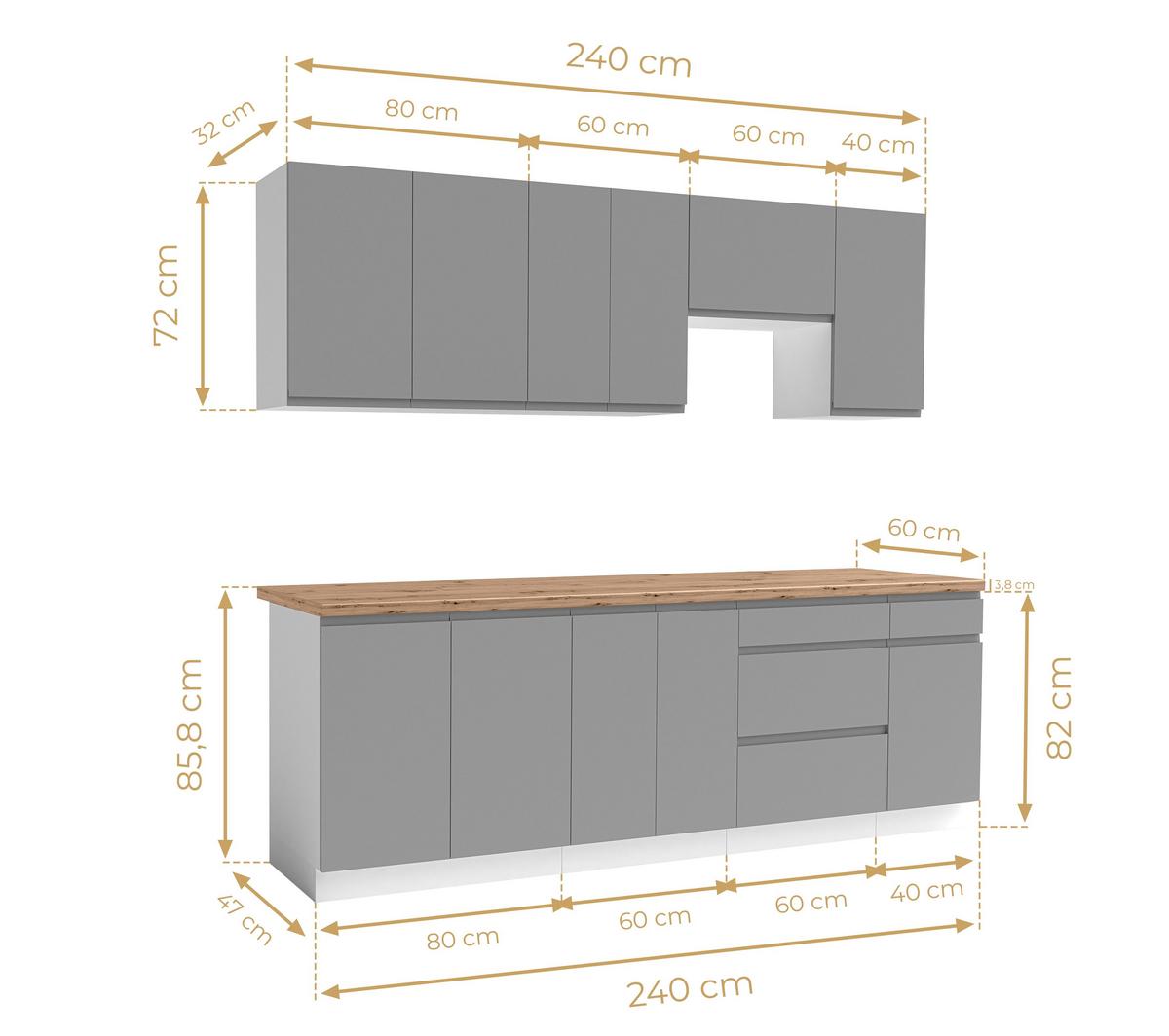 KÜCHENLEERBLOCK Aquileia 240 cm Grau mit Weißem Korpus mit Arbeitsplatte Eiche Artisan - Eiche Artisan/Grau, Holzwerkstoff (240/157.8/60cm) - AX Living
