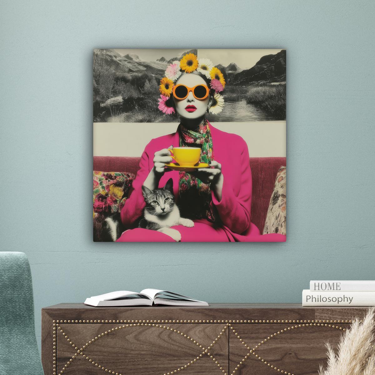 LEINWANDBILD Frau - Katze - Blumen - Tasse - Retro Wandbild Wohnzimmer 50x50 cm - Magenta, Textil (50/50cm) - MuchoWow
