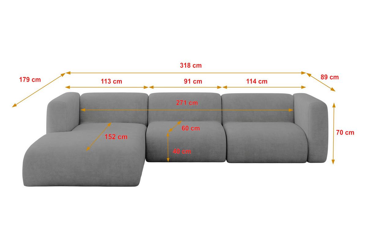 ECKSOFA Ottomane Links MIRA-L2 318x179x89 Grau Velours - Schieferfarben/Schwarz, Holzwerkstoff/Kunststoff (318/179cm) - ALTDECOR