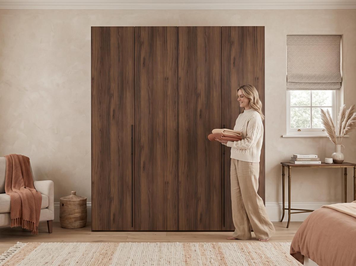 FALTTÜRENSCHRANK Omodeo 200 cm breit in Warmia-Nussbaum – mit WingLine-Falttüren - Walnussfarben, Holzwerkstoff (200/240/58cm) - AX Living