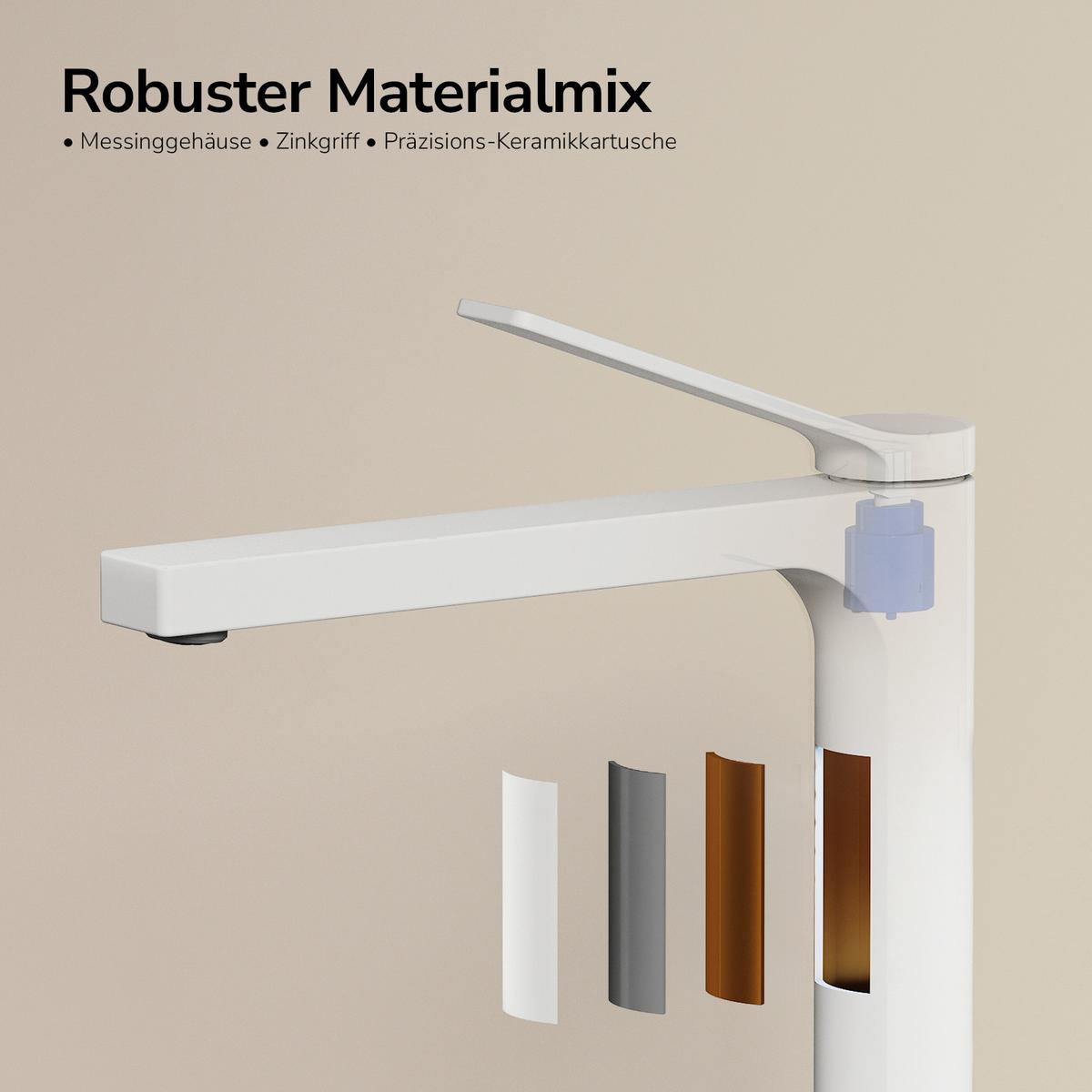 WASCHTISCHARMATUR mit Zertifiziertem Filterelement Weiß Matt Hoher Stil - Weiß, Metall (23.3/4.6/33.5cm) - EMKE