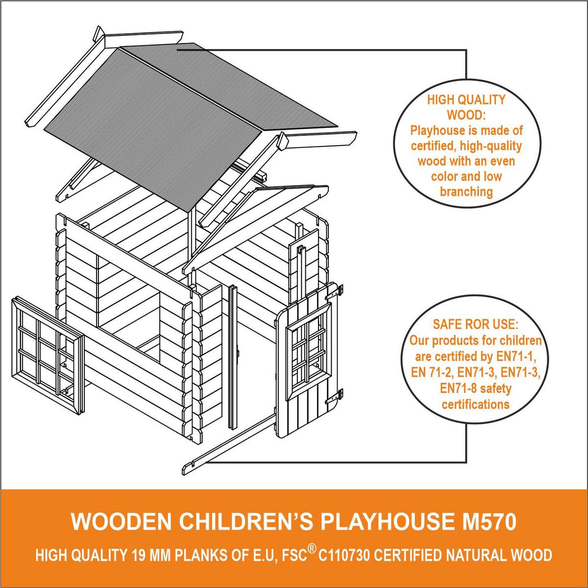 KINDERSPIELHAUS aus Holz - 111x113xH121 cm/0.9 m2 - M570Z-1 - Beige, Holz (114/121/111cm) - Timbela