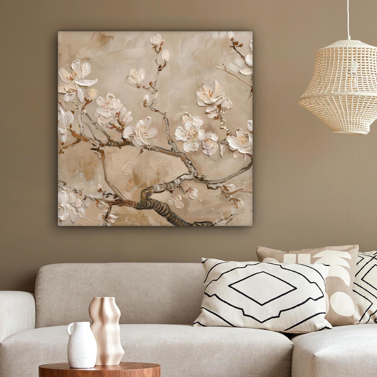 LEINWANDBILD Blumen - Modern - Beige - Weiß - Blüte Deko Groß 90x90 cm - Beige, Textil (90/90cm) - MuchoWow