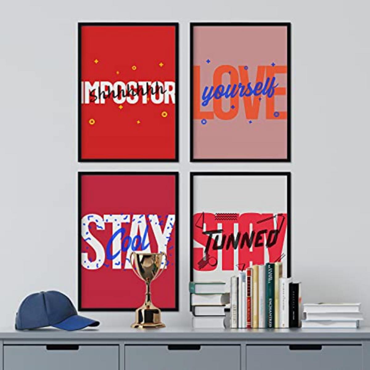 POSTER Set mit 4 roten Etikettendesign und Motivationsnachrichten A4 Schwarzer Rahmen - Schwarz, Papier (29.7/3cm) - Nacnic