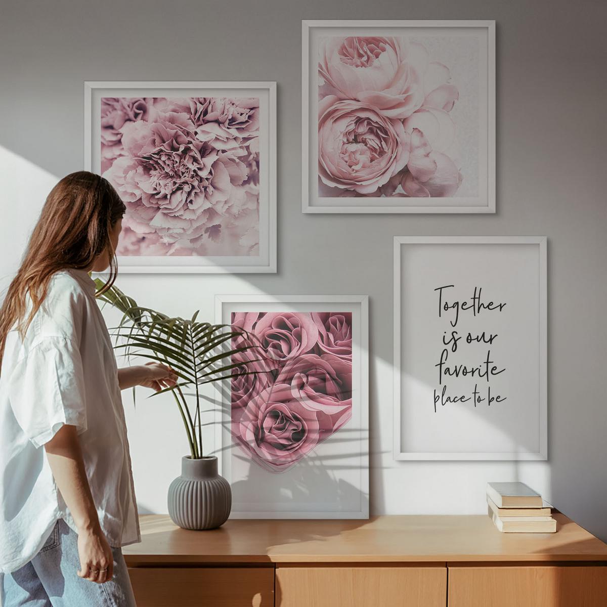 BILDER SET 4er Set - 50x50 cm & 40x60 cm Weißer Rahmen - Blumensträuße mit Rosen, Hausinschrift - Weiß, Kunststoff (50/50cm) - TULUP