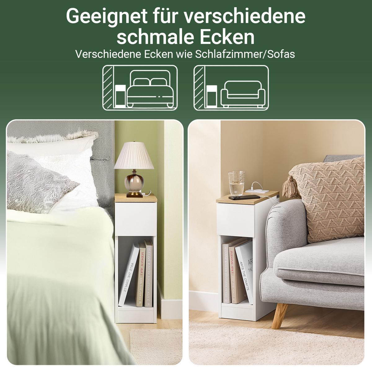 NACHTTISCH schmaler mit Ladefunktion (USB & Typ-C) 20x35x60 cm, Weiß, mit heller Holzplatte, Schublade & offenes Fach, Schlafzimmer/Wohnzimmer - Weiß, Holzwerkstoff (20/60/35cm) - SoBuy