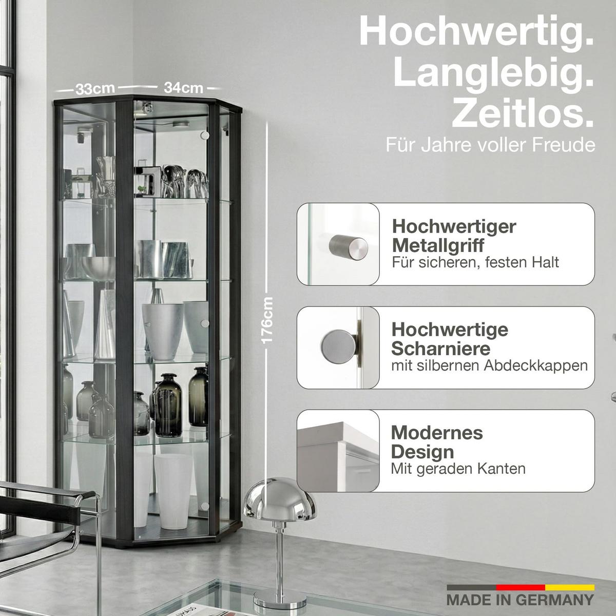 ECKVITRINE 56,5/56,5/176 cm mit Spiegel, LED & Schloss - Transparent/Silberfarben, Glas/Holzwerkstoff (56.5/176/56.5cm) - K-Möbel