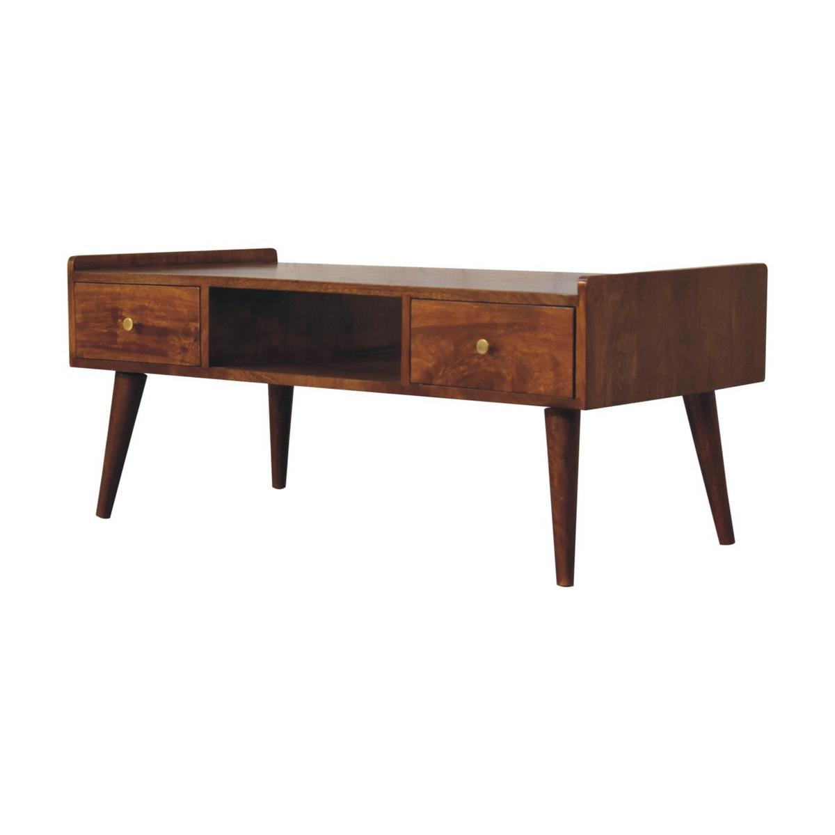TV-EINHEIT Massivholz Erhöhtes Kastanienbraun, 2 Schubladen und Offenes Fach, Dunkelbraun - Dunkelbraun/Messingfarben, Mangoholz/Holz (100/43/50cm) - Artisan Furniture