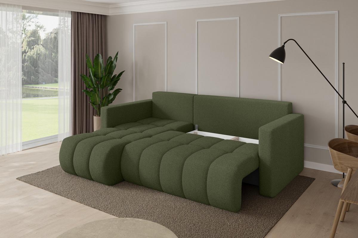 ECKSOFA mit Schlaffunktion Ottomane Links GARD-L 226x146x85 Grün Bouclé - Schwarz/Olivgrün, Holzwerkstoff/Kunststoff (226/146cm) - ALTDECOR