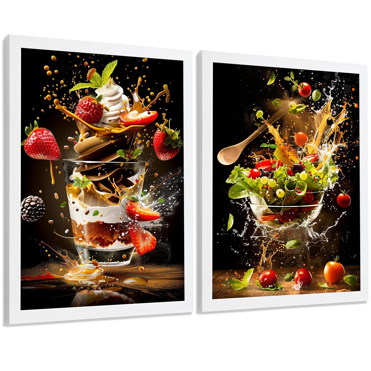 POSTER 2er Set Küchen-Wandbilder Erdbeer-Dessert und Salat Splash Fotografie Schwarzer Hintergrund Deko Rahmenlos A3 - Weiß, Papier (29.7/1/42cm) - Nacnic