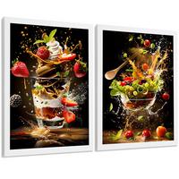POSTER 2er Set Küchen-Wandbilder Erdbeer-Dessert und Salat Splash Fotografie Schwarzer Hintergrund Deko Rahmenlos A3 - Weiß, Papier (29.7/1/42cm) - Nacnic