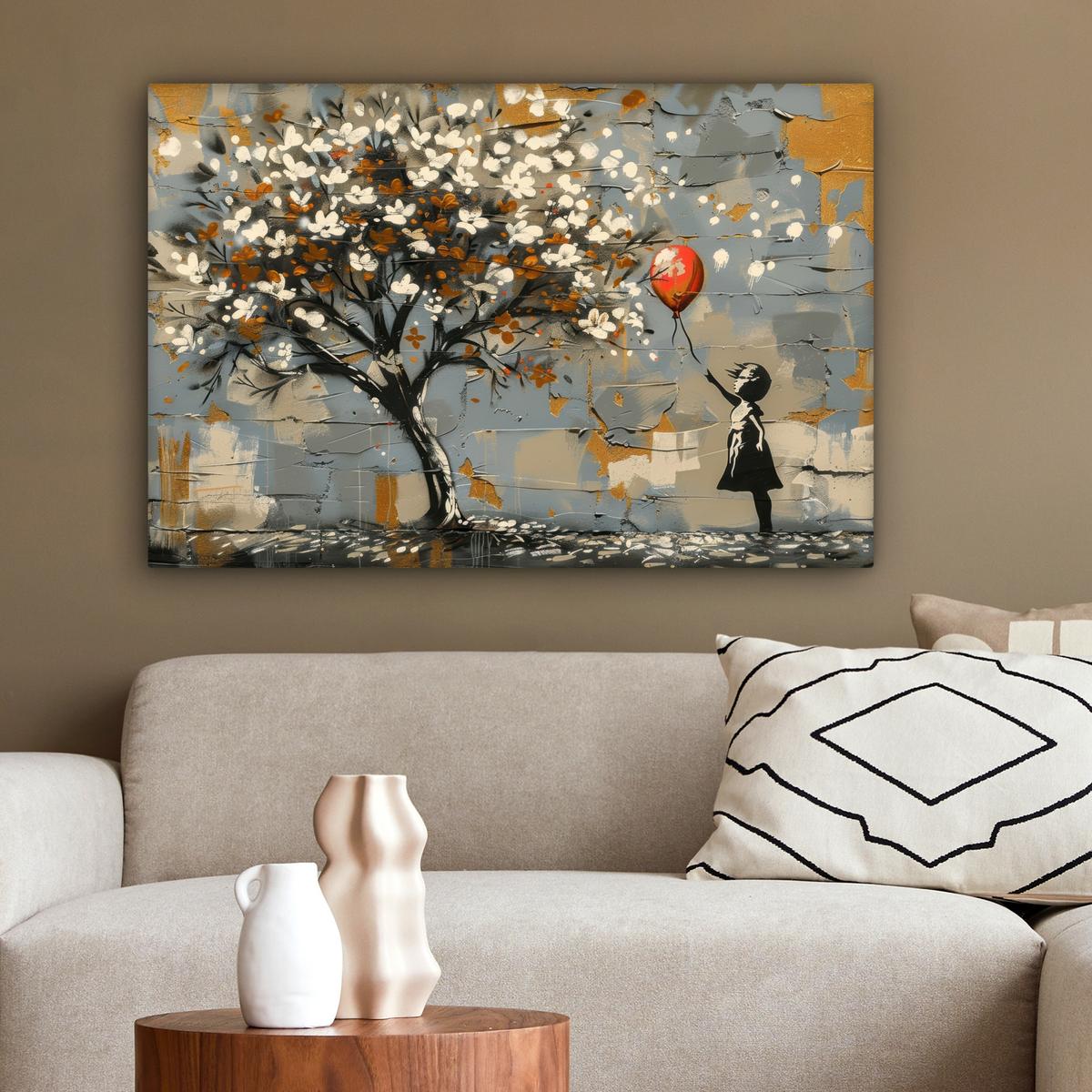 LEINWANDBILD Baum - Graffiti - Banksy-Stil - Ballon-Mädchen Gemälde 60x40 cm - Blaugrau, Textil (60/40cm) - MuchoWow