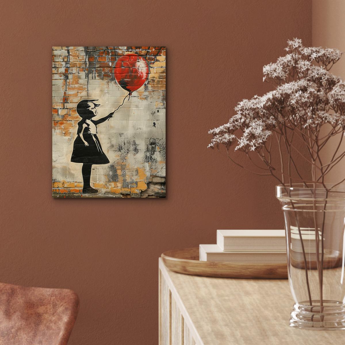 METALLBILD Graffiti - Banksy - Mädchen - Straßenkunst 30x40 cm - Sandfarben, Metall (30/40cm) - MuchoWow