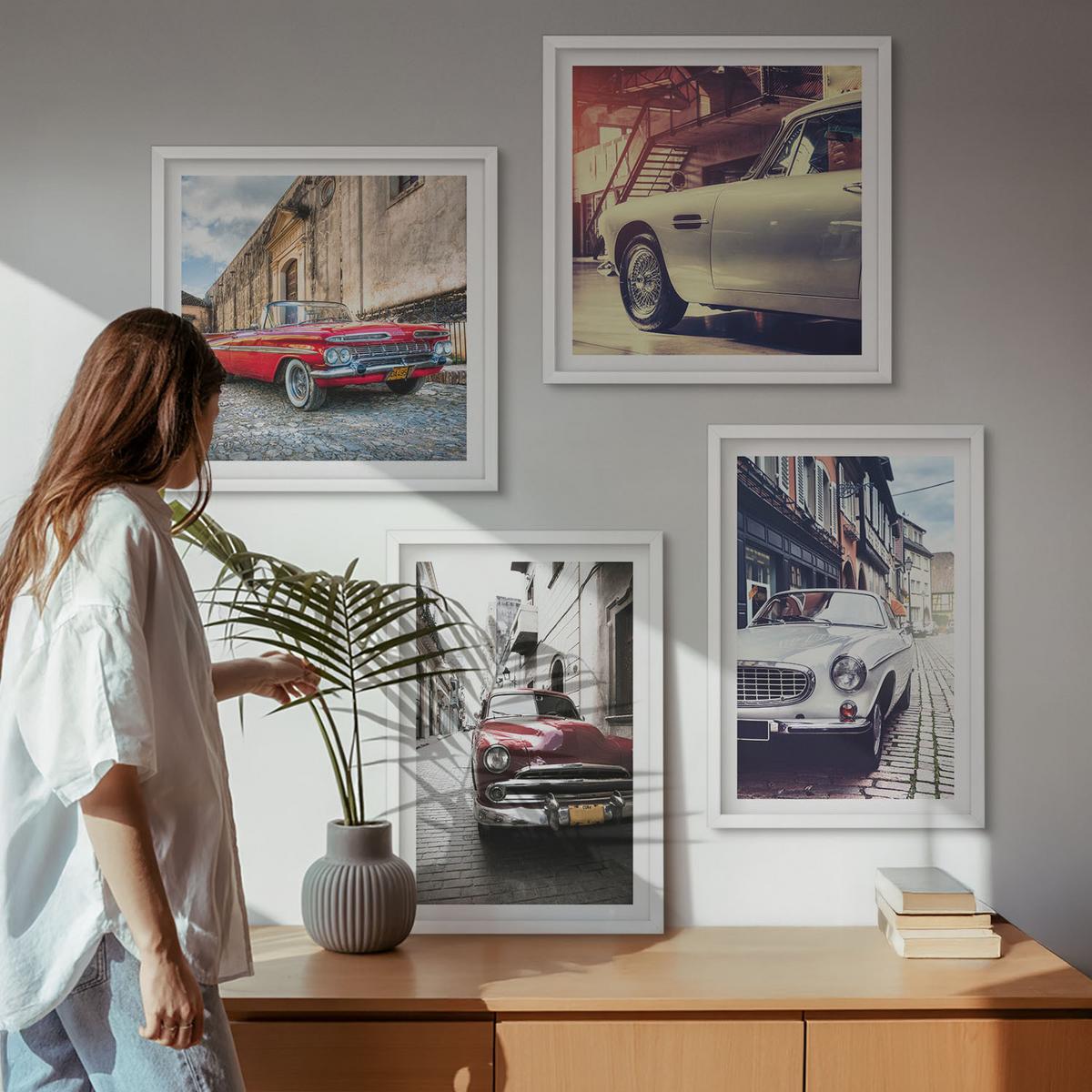 BILDER SET 4er Set - 50x50 cm & 40x60 cm Weißer Rahmen - Oldtimer in Städten - Weiß, Kunststoff (50/50cm) - TULUP