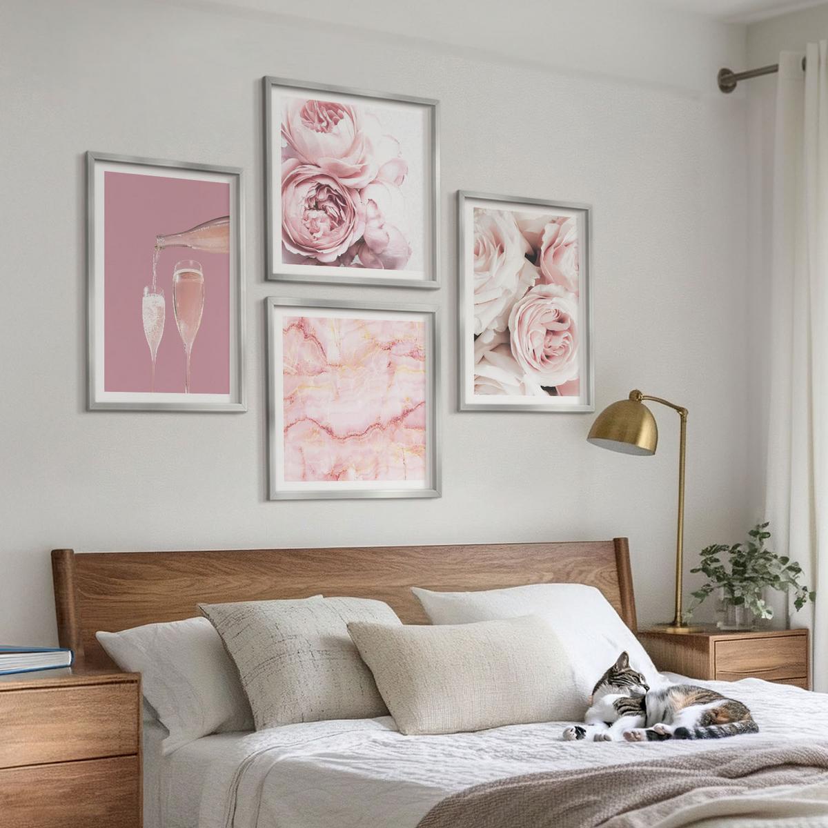 BILDER SET 4er Set - 50x50 cm & 40x60 cm Silberner Rahmen - Rosen, Champagner, Marmor, Pastell - Silberfarben, Kunststoff (50/50cm) - TULUP