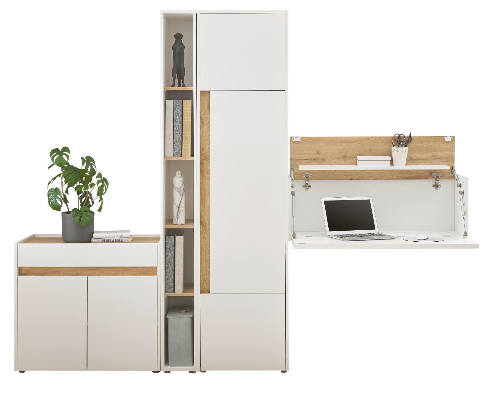 AKTENSCHRANK Set 4-teilig weiß matt, Eiche Wotan 250 cm, Büromöbelkombination mit Sekretär - Eichefarben/Eiche Wotan, Holzwerkstoff/Kunststoff (250/200/40cm) - Furn.Design