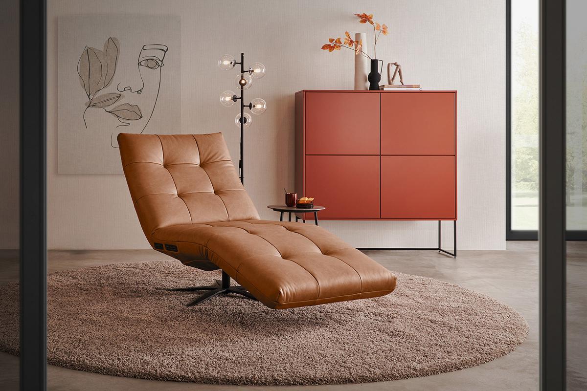 RELAXLIEGE LETICIA Braun Leder Relaxfunktion, Drehbar (360°) - Schwarz/Braun, Leder/Metall (82/115/156cm) - KAWOLA